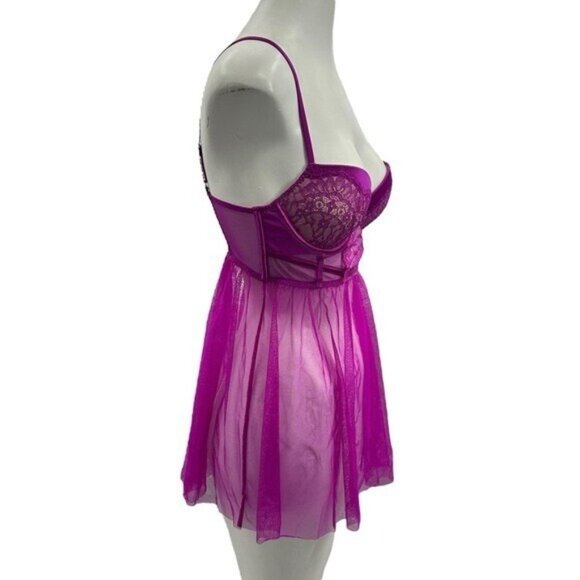 Victorias Secret 34C Sheer Lingerie Babydoll Dress Purple Mesh Underwire Push Up - Picture 2 of 12